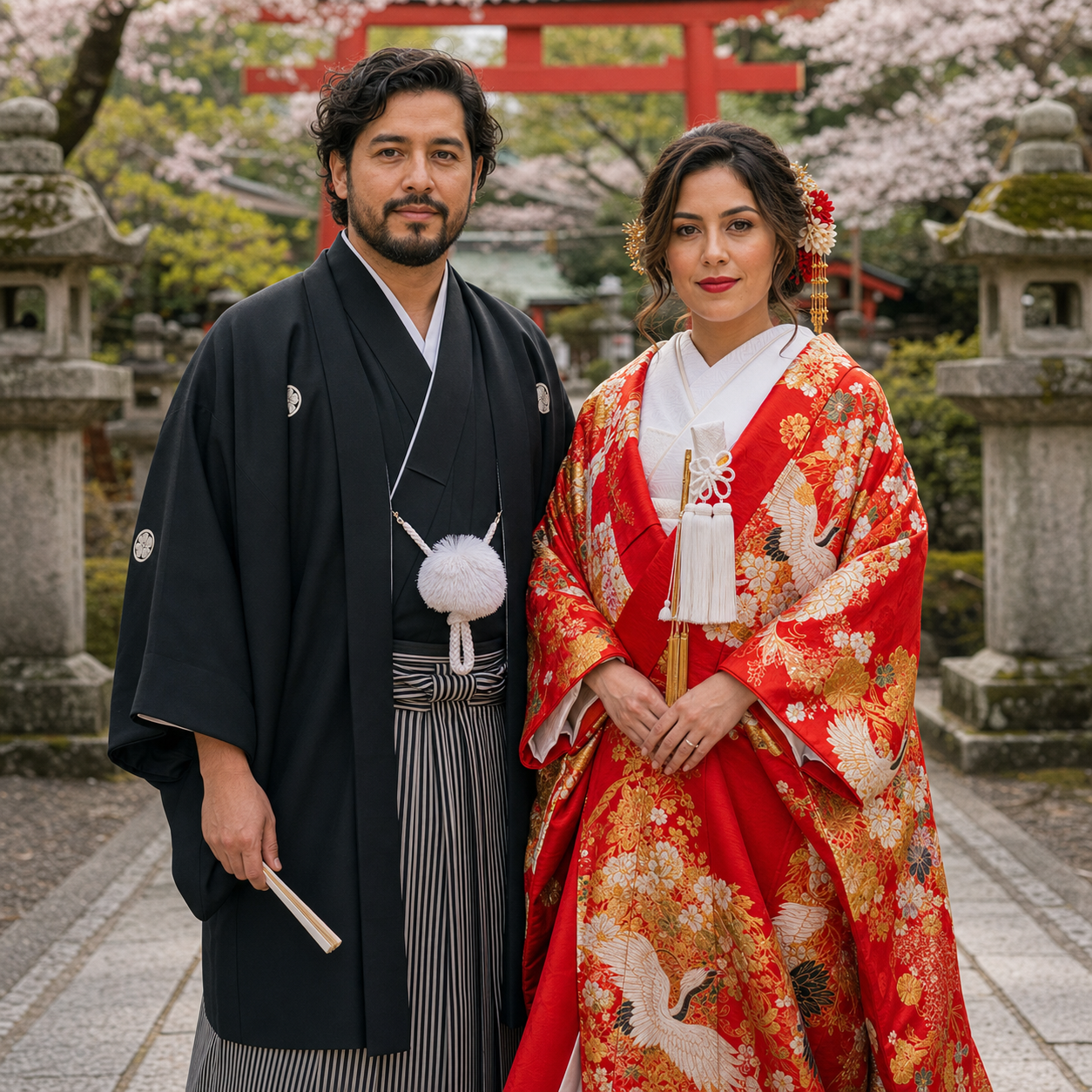 Retrato cuadrado de pareja con kimono