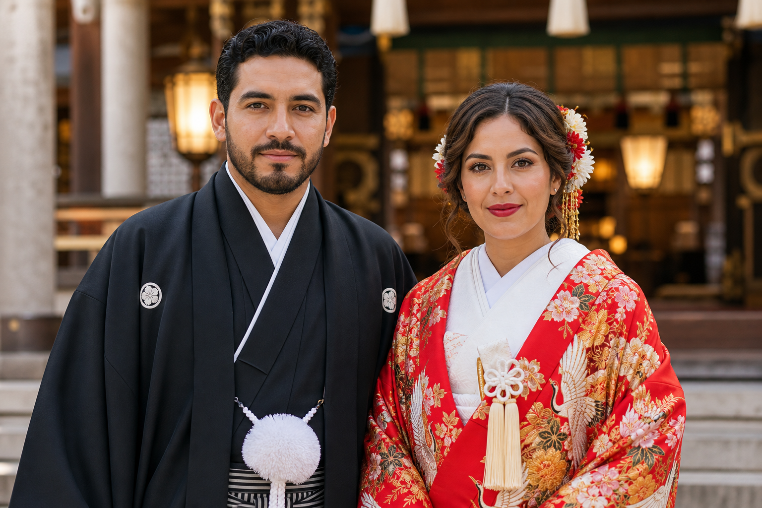 Pareja con kimono e iro-uchikake rojo