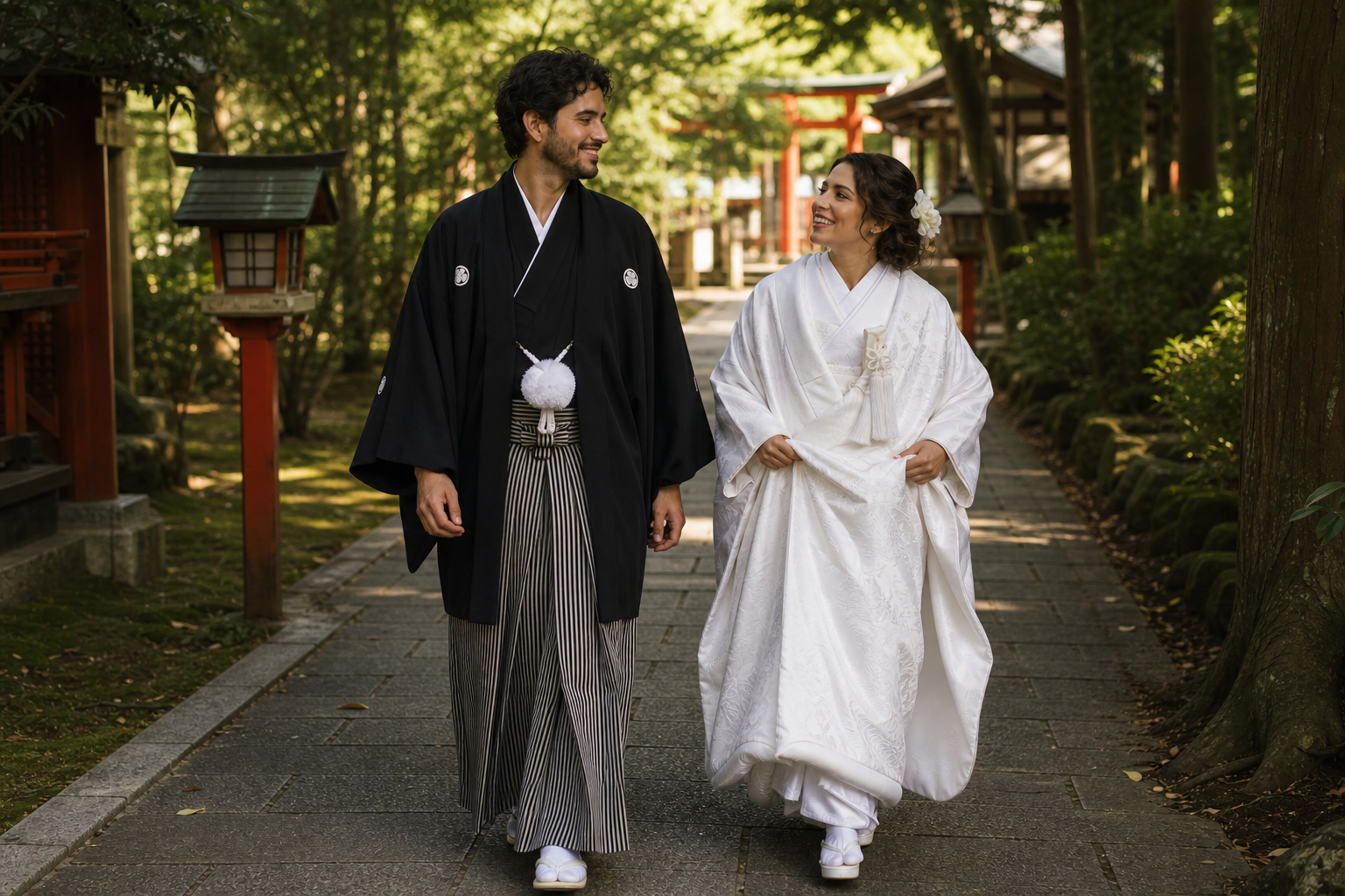 Pareja caminando por el sendero de un santuario japones