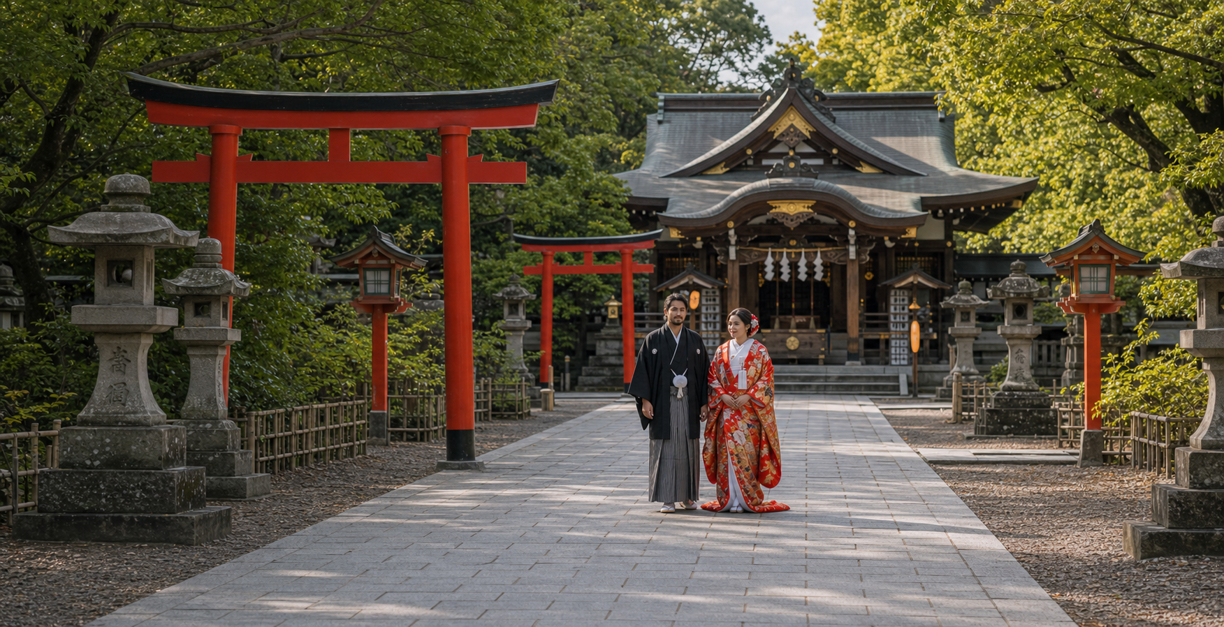 Pareja en el acceso de un santuario japones