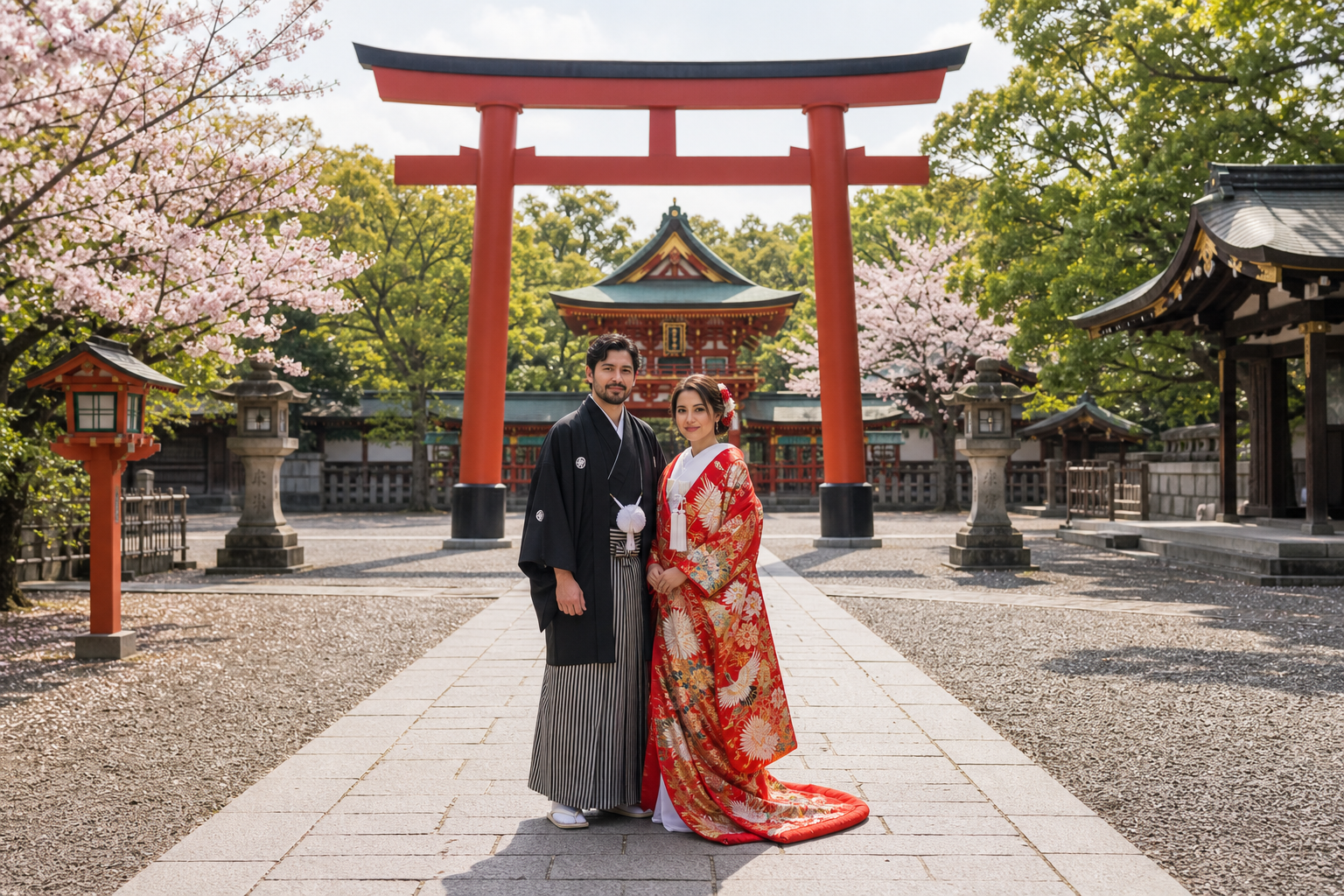 Pareja frente a torii y santuario
