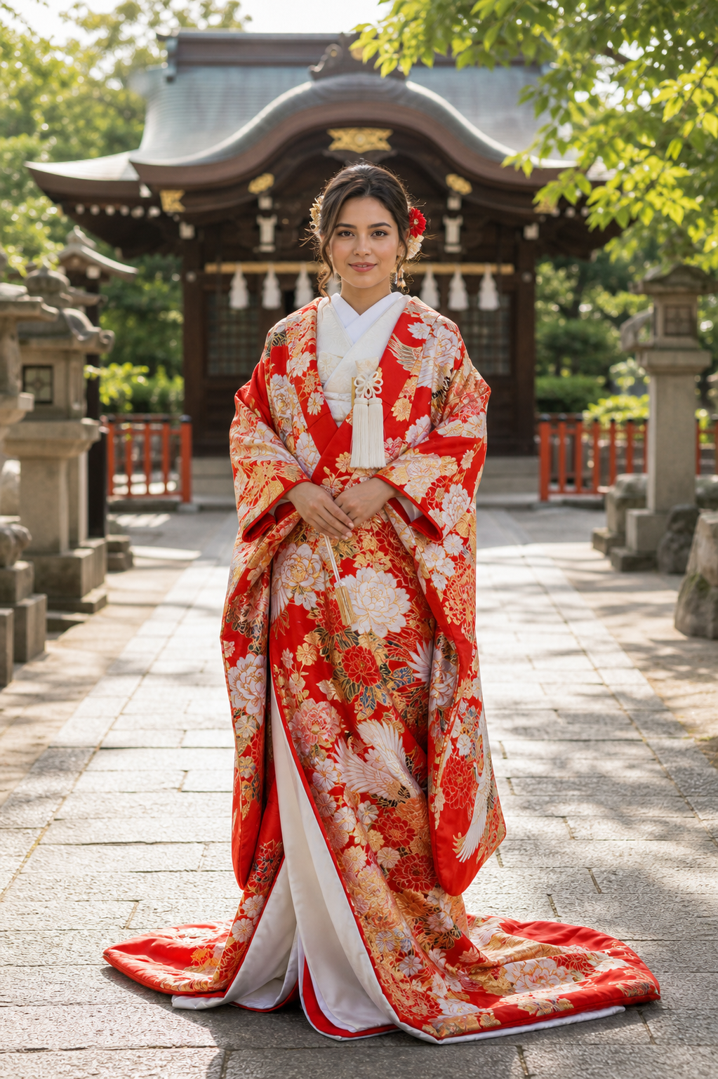 Novia de pie con iro-uchikake rojo
