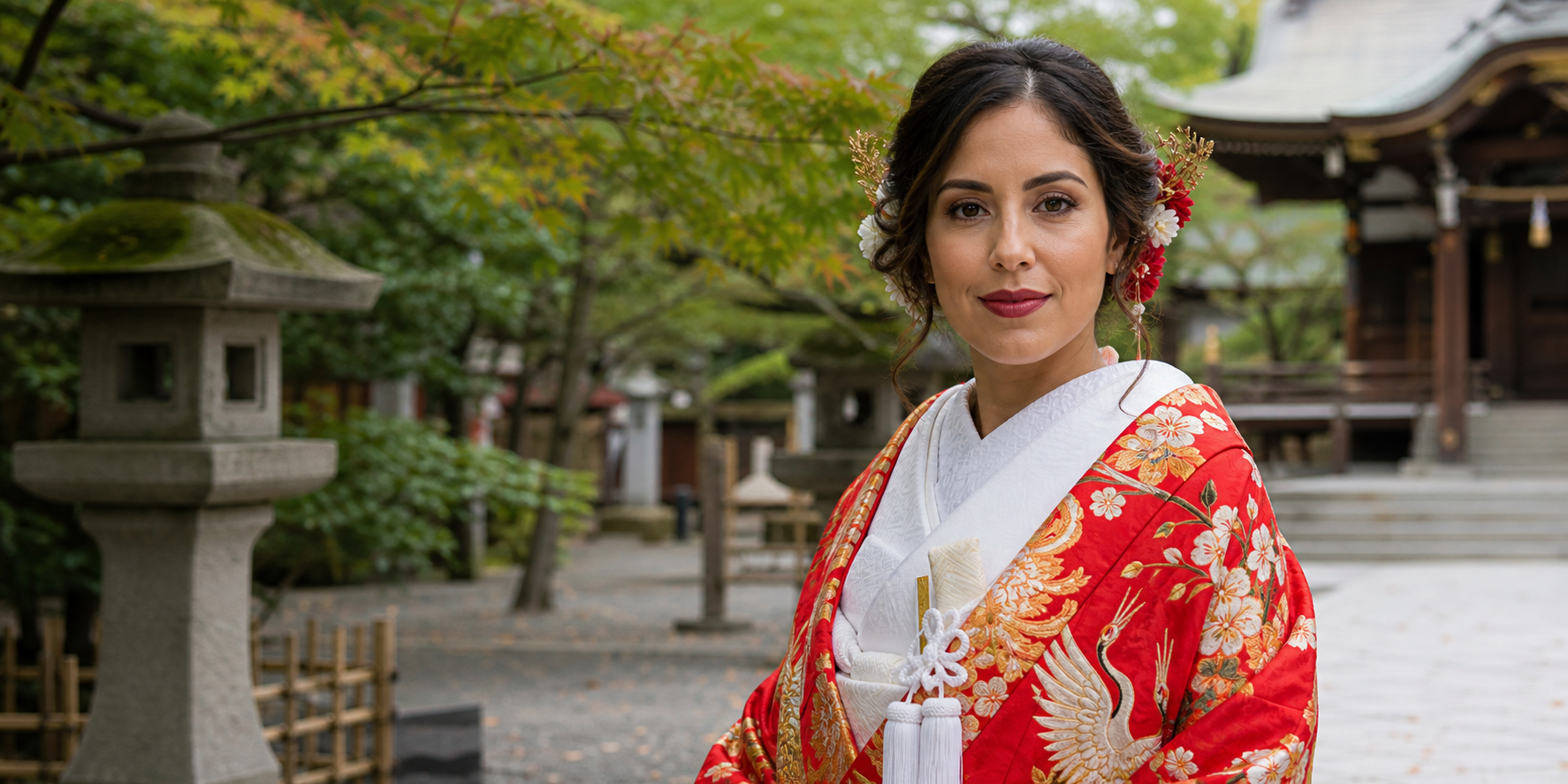 Novia con iro-uchikake rojo frente a un santuario japonés