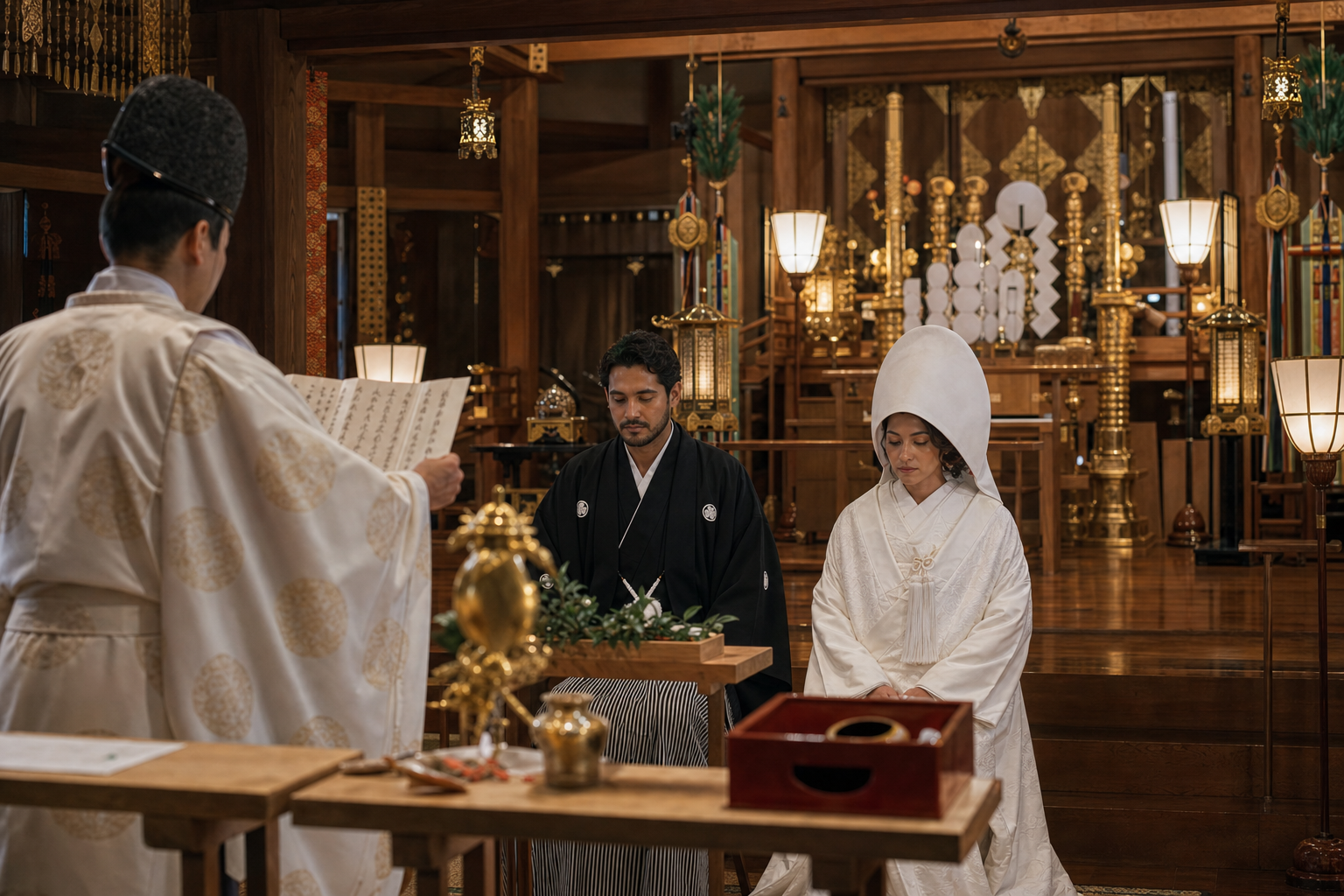 Interior de santuario preparado para ceremonia sintoista