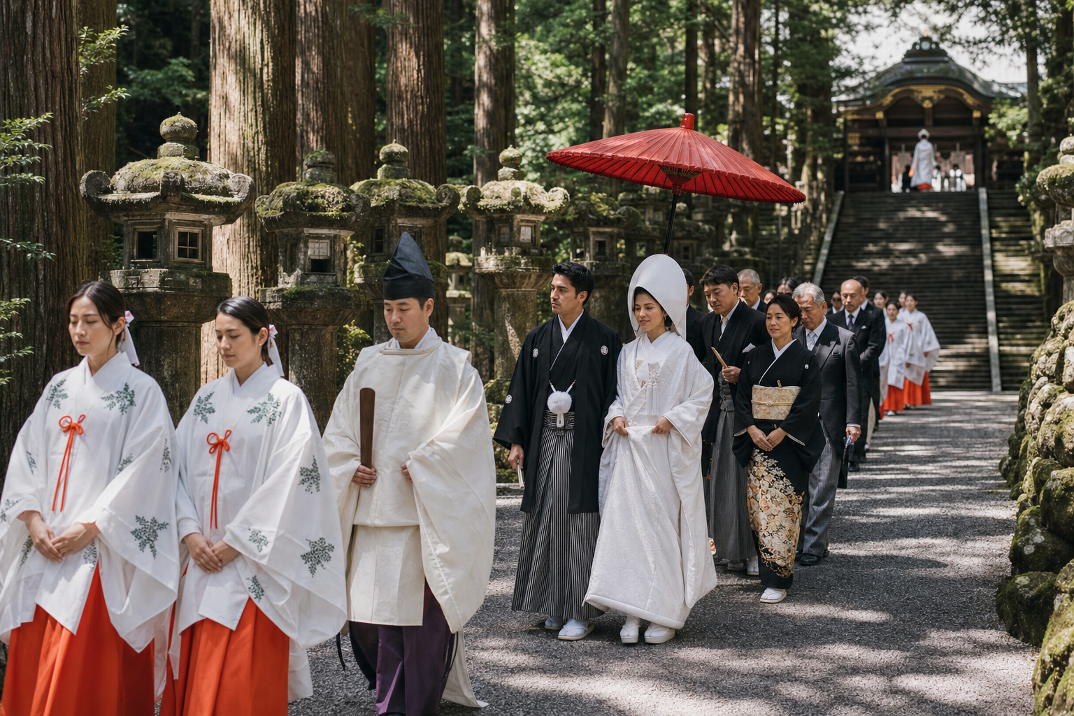 Procesion de boda sintoista en bosque