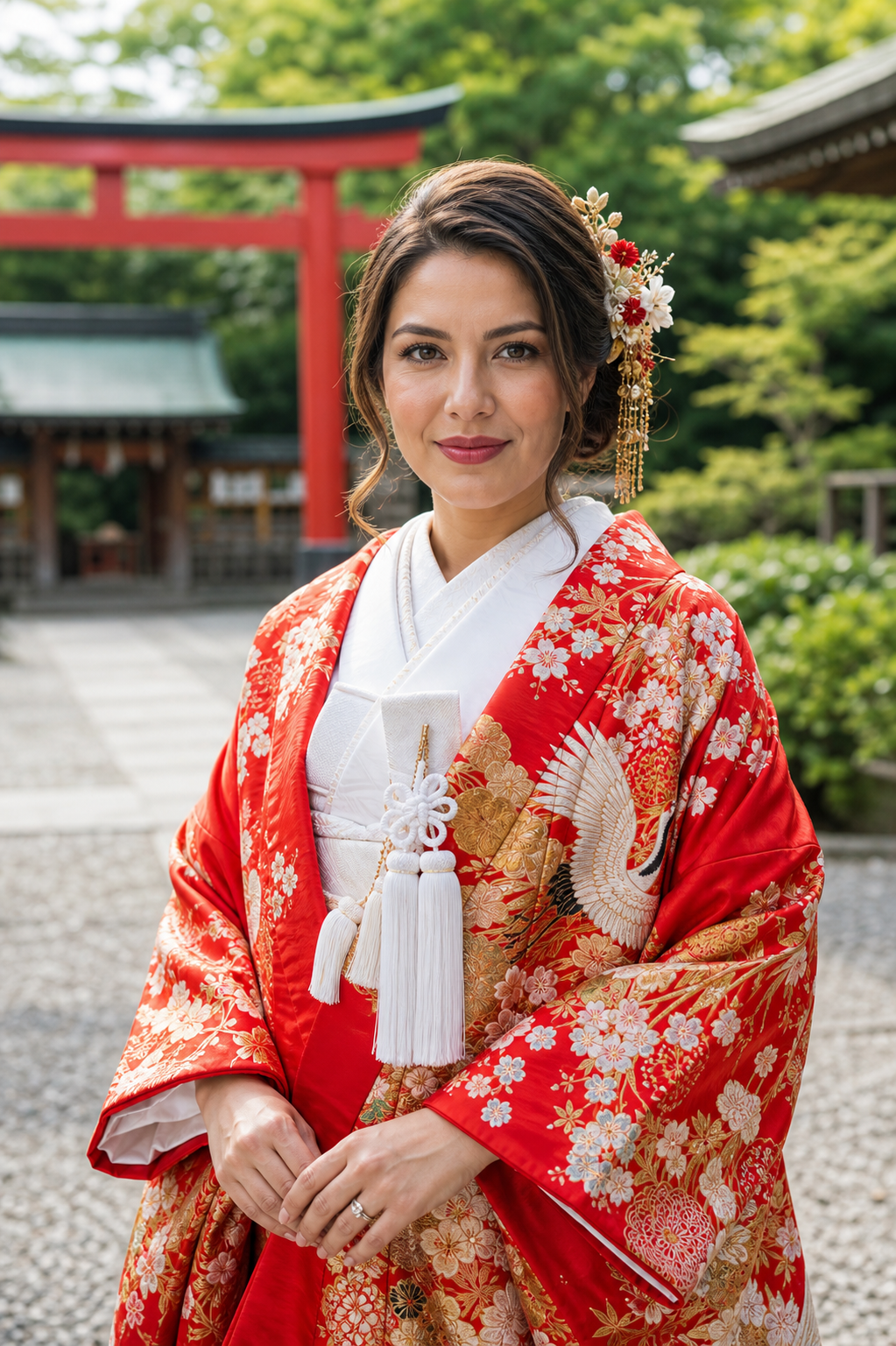 Novia latina mirando al frente con uchikake rojo en un santuario japonés